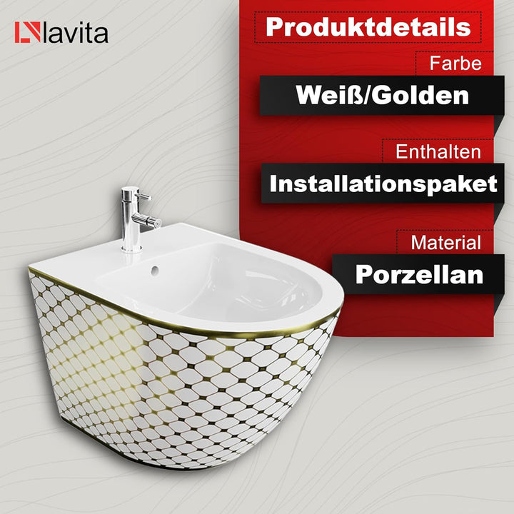LAVITA Universal Wand-Bidet Sofi Checked Gold mit Hahnloch und Überlaufschutz aus Keramik Sitzwaschb