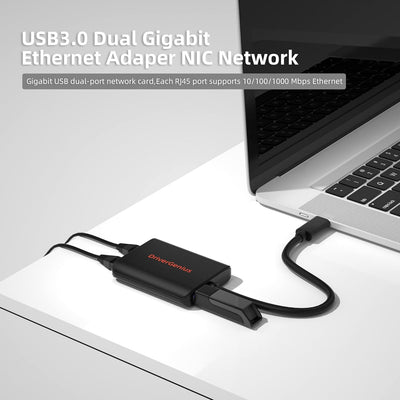 DriverGenius CU200 USB 3.0 to Dual Port Gigabit Ethernet Adapter NIC with USB Port - Windows 11 & Ma