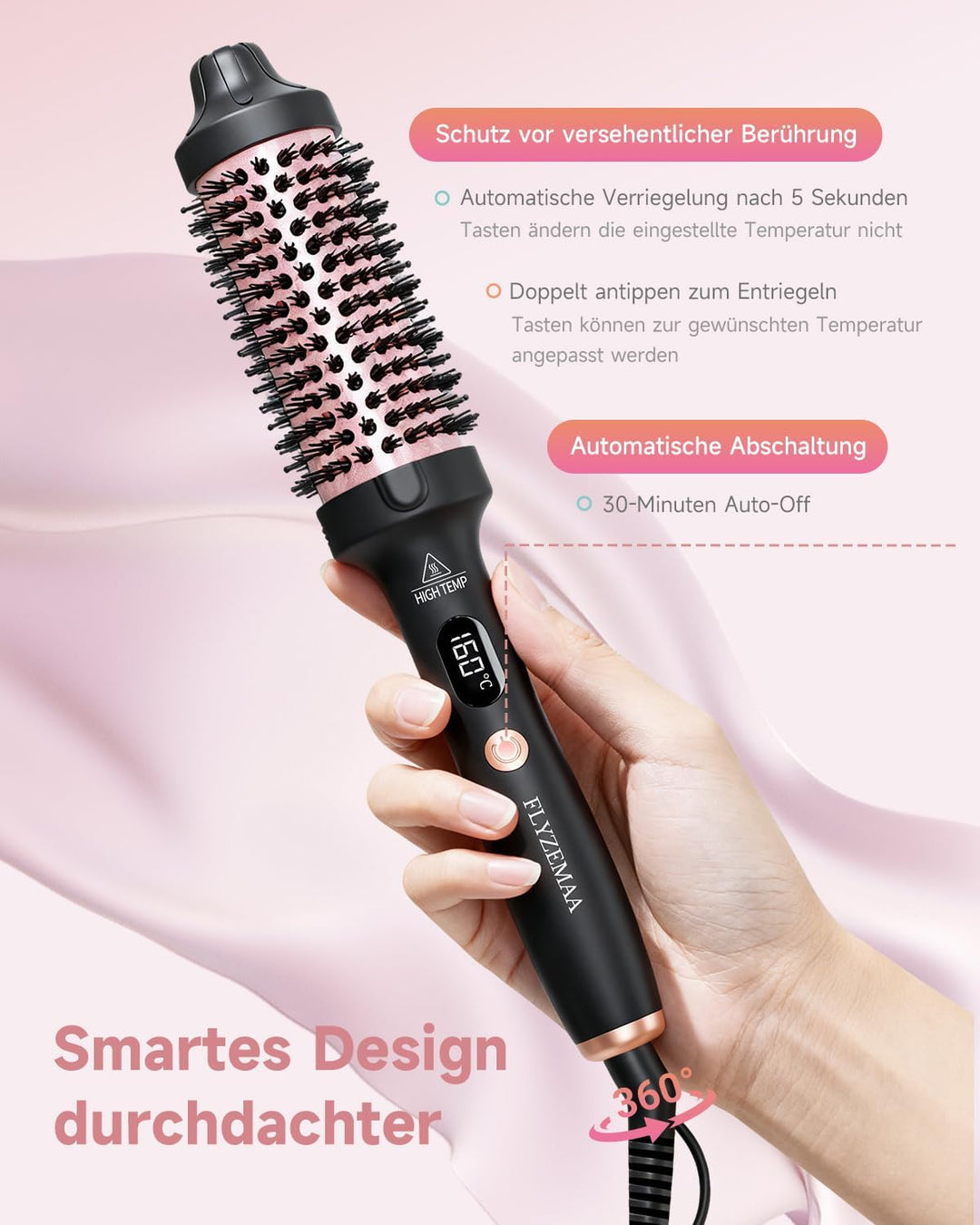 Thermobürste, Thermal Brush 38mm - Runder Heizkamm für natürliche Locken und glatteres Haar, 3 Tempe