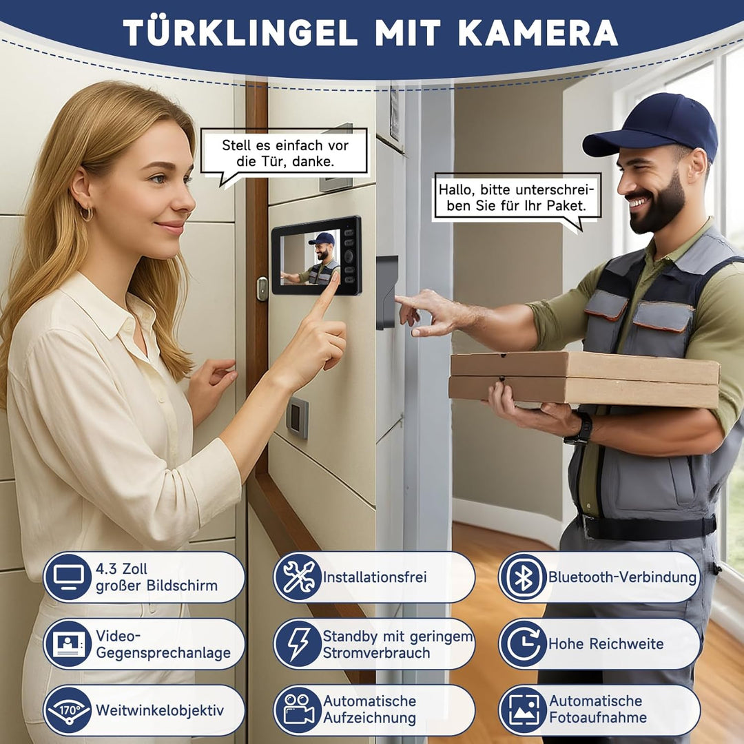 Video Türklingel mit Kamera, Drahtlose Türklingel mit 4,3 Zoll Bildschirm, Bluetooth Verbindung, 400