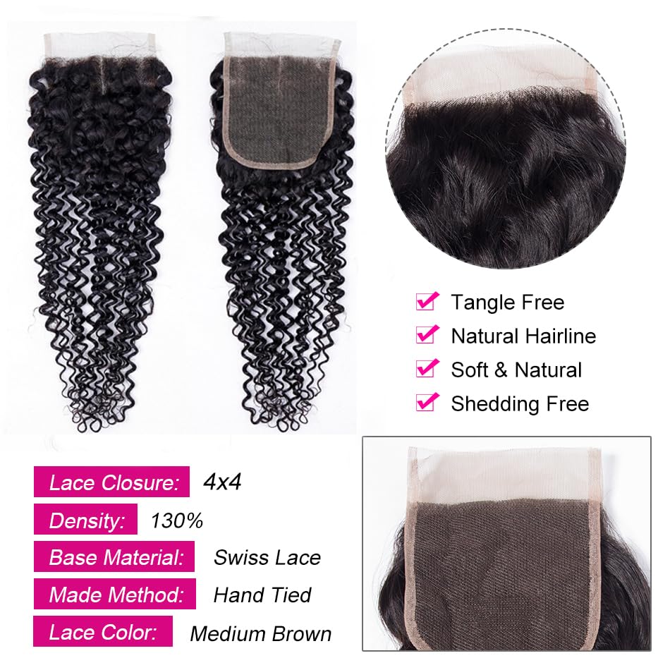 LOVFIR Echthaar-Bündel Curly Human Hair Bundles with Closure Kinky Weave Unprocessed Brazilian 3 4x4