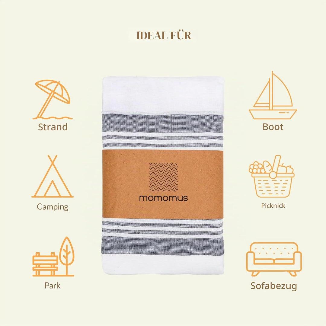 MOMOMUS Stranddecke XXL 210 x 240 cm, Grosse Picknickdecke, Grau | Strandtuch XXL zum Ausbreiten und