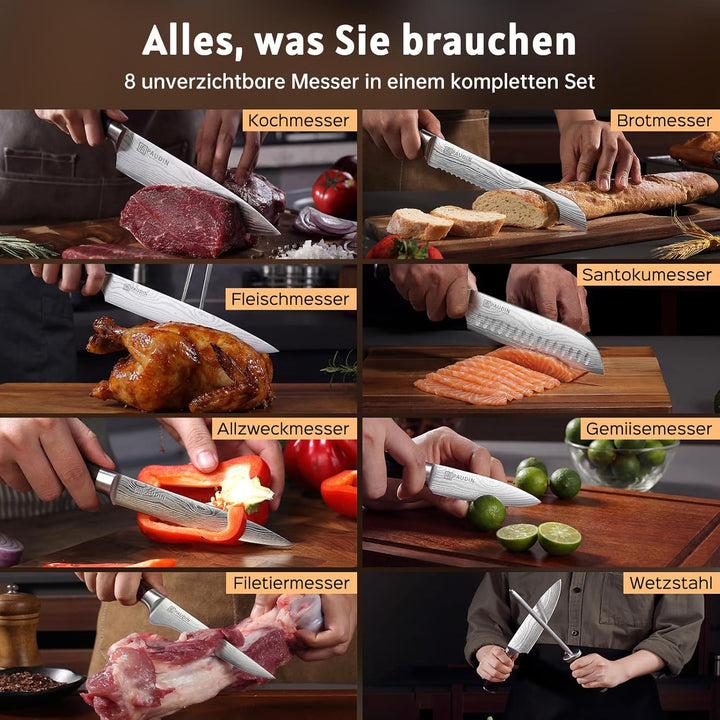 Paudin Messerblock Set mit 9-TLG, Scharfes Hochwertiges Küchenmesser Set aus Edelstahl, Messerblock