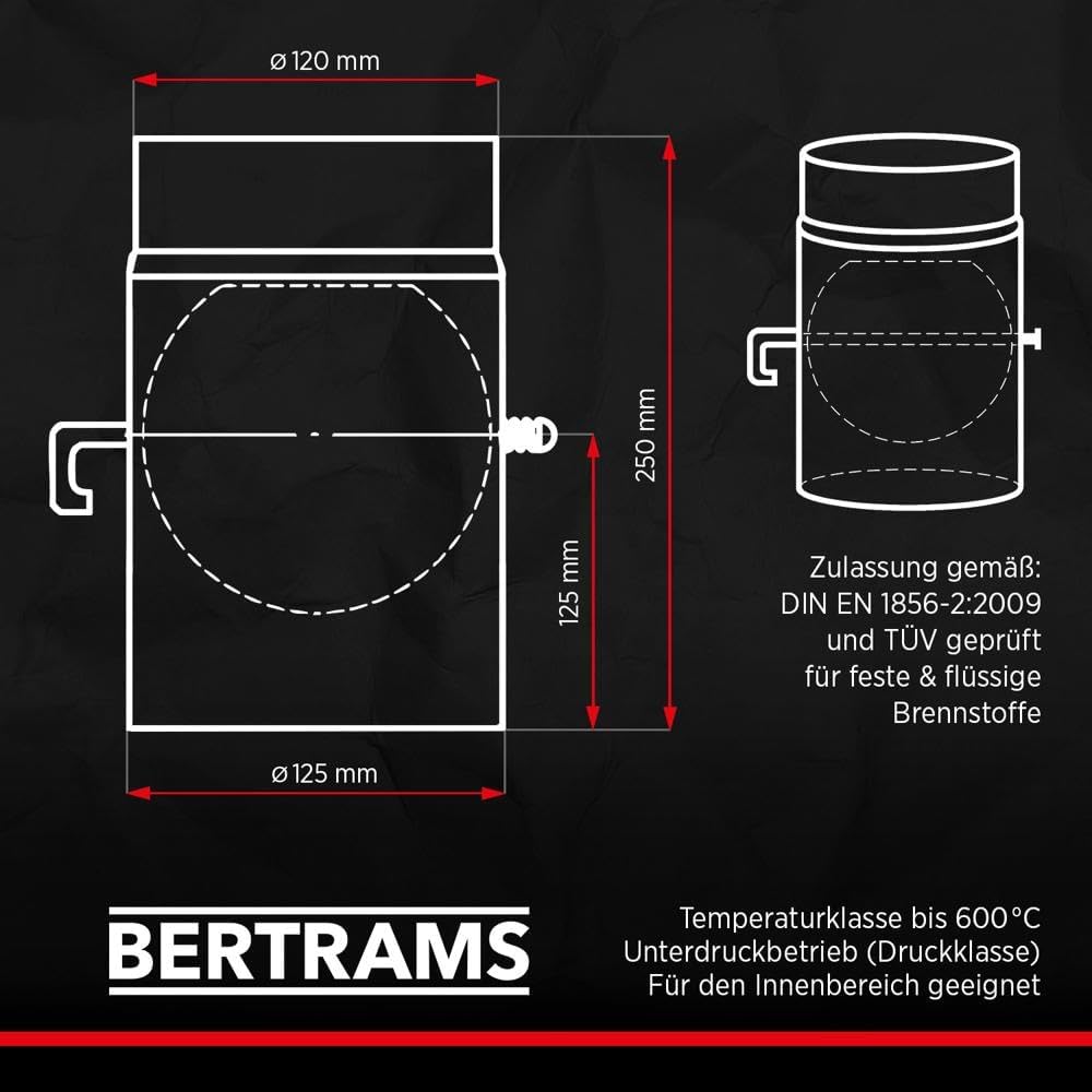 BERTRAMS Ofenrohr 120mm Ø 25 cm mit Drosselklappe Schwarz | Stahlrohr mit 20cm Einbaulänge | Feuerro