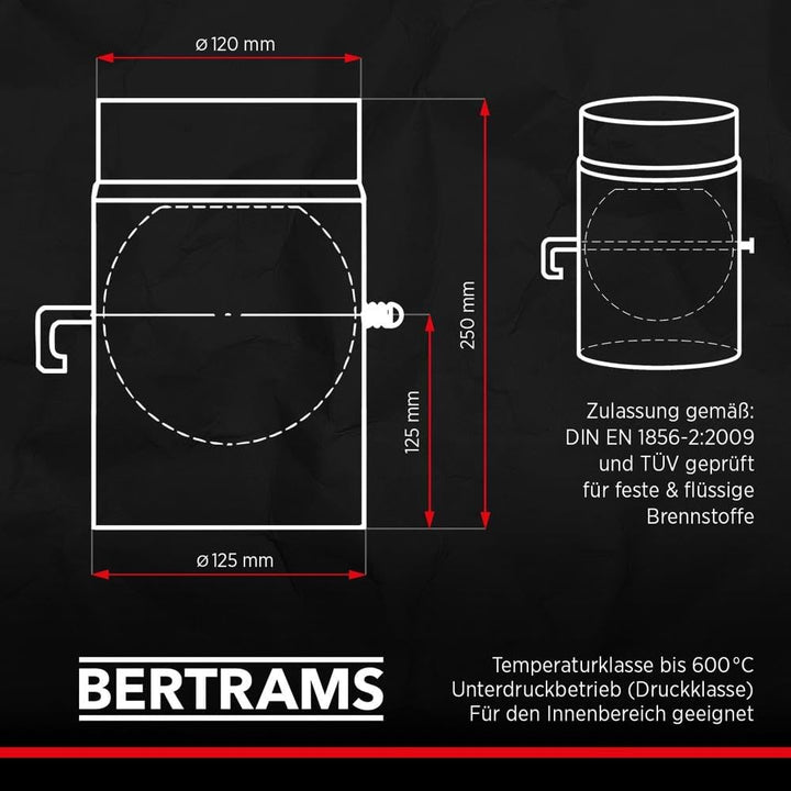 BERTRAMS Ofenrohr 120mm Ø 25 cm mit Drosselklappe Schwarz | Stahlrohr mit 20cm Einbaulänge | Feuerro