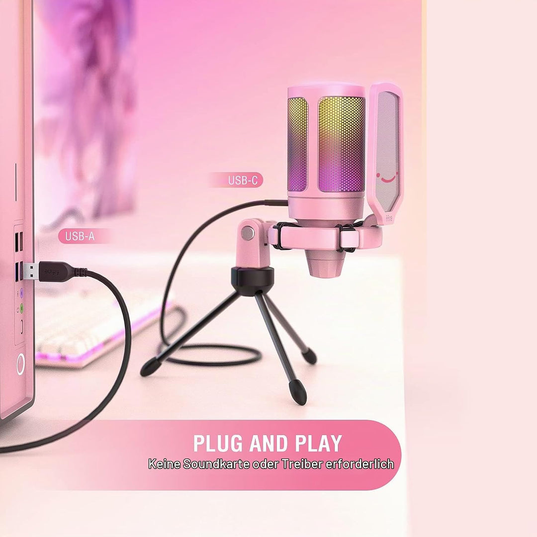 FIFINE Gaming Mikrofon PC, USB Microphone für PS4 PS5 Mac, mit Mikrofon Ständer, Stummschalttaste, P