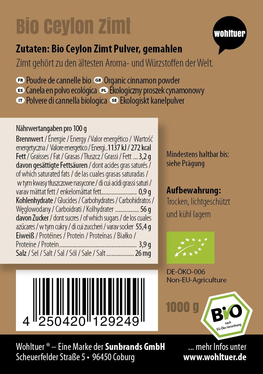 Wohltuer BIO Ceylon Zimt gemahlen – Zimtpulver I Im günstigen Vorratspack I 100% reines Naturprodukt