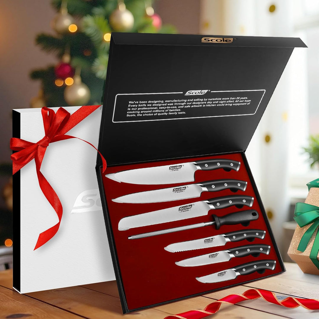 SCOLE® Messerset, Rasierscharf Küchenmesser Set 7-teilig mit Wetzstab, Messer Set, Profi Kochmesser