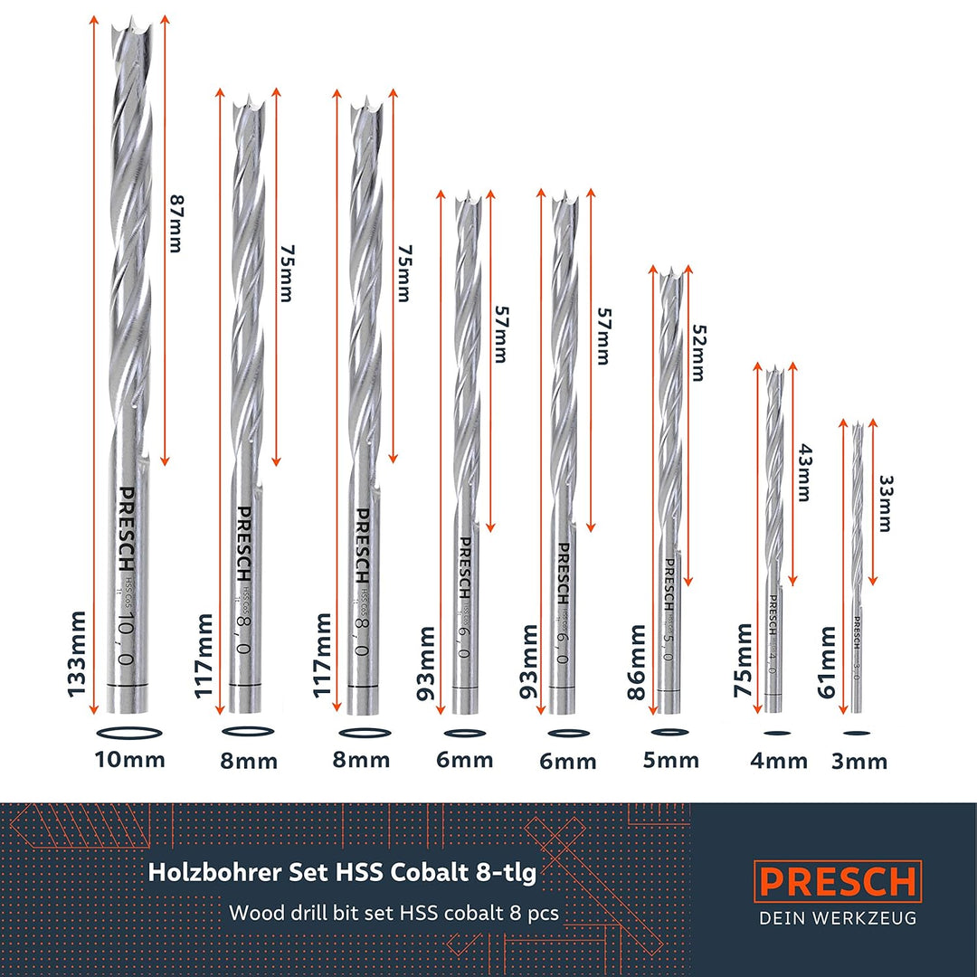 Presch Holzbohrer Set HSS Cobalt 8-tlg - Hochwertige 5% cobaltlegierte HSS Bohrer für Holz zum Bohre