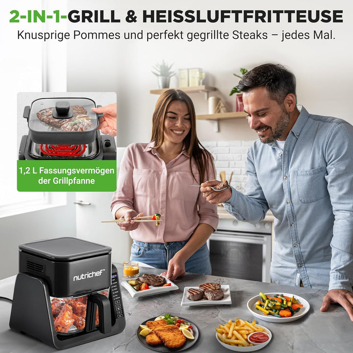 Nutrichef Heissluftfritteuse + Elektrogrill, 4L Airfryer mit Sichtfenster bis 360°C, 7 Programme, An