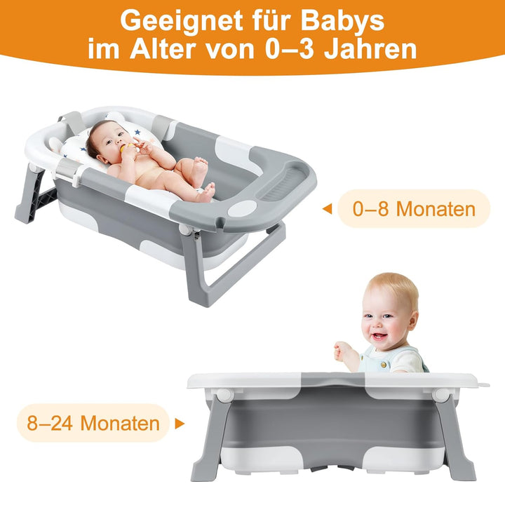 Faltbare Babybadewanne mit Sitz – tragbare Babywanne mit Wärmesensor-Ablauf, rutschfest & platzspare