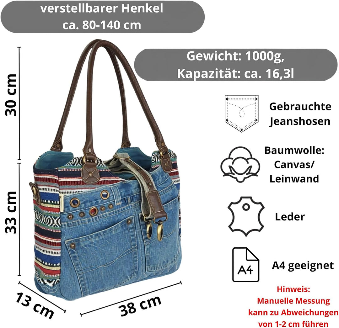 Sunsa Damen Nachhaltige Handtasche aus recycelte Jeans Canvas &amp; Leder. Vintage Still grosse Schulter