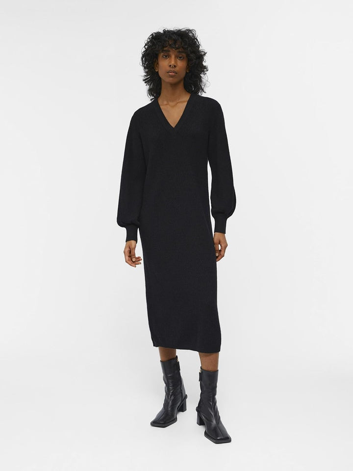 Object Damen Objmalena L/S Knit Dress Noos Strickkleid, Schwarz, L EU