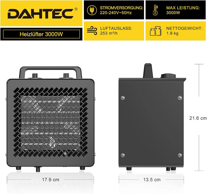 DAHTEC Keramik Heizlüfter 3000 Watt Klein Heizstrahler Bauheizer Bautrockner mit Thermostat & 3 Heiz