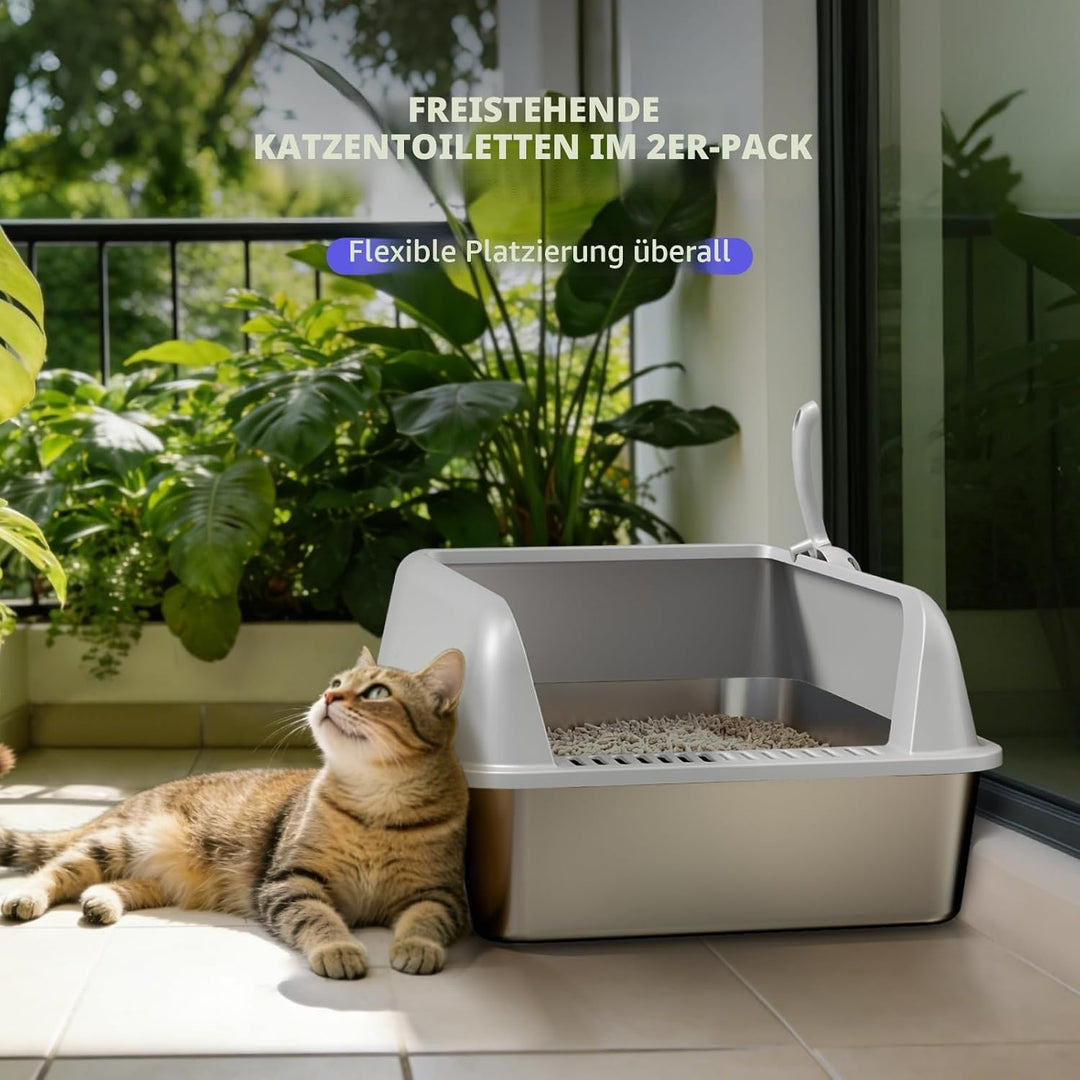 2 Pack Katzenklo Edelstahl Gehege mit Deckel, grosse Katzentoilette aus Edelstahl, Katzenklo Mit Hoc