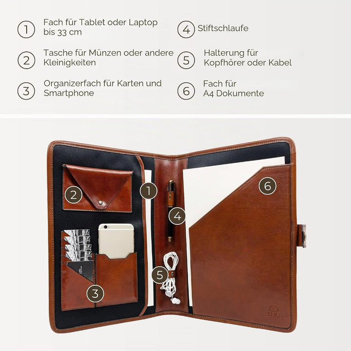 Time Resistance Leder-Organizer-Portfolio – 13 Zoll-Laptoptasche – Dokumentenmappe aus Vollnarbenled