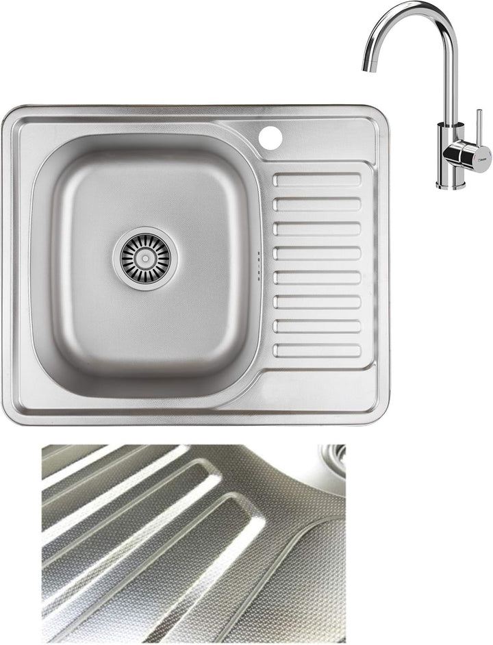 VBChome Einbauspüle mit Armatur 58x48 Leinenstruktur ab 45er Unterschrank Edelstahl Küchenspüle Spül