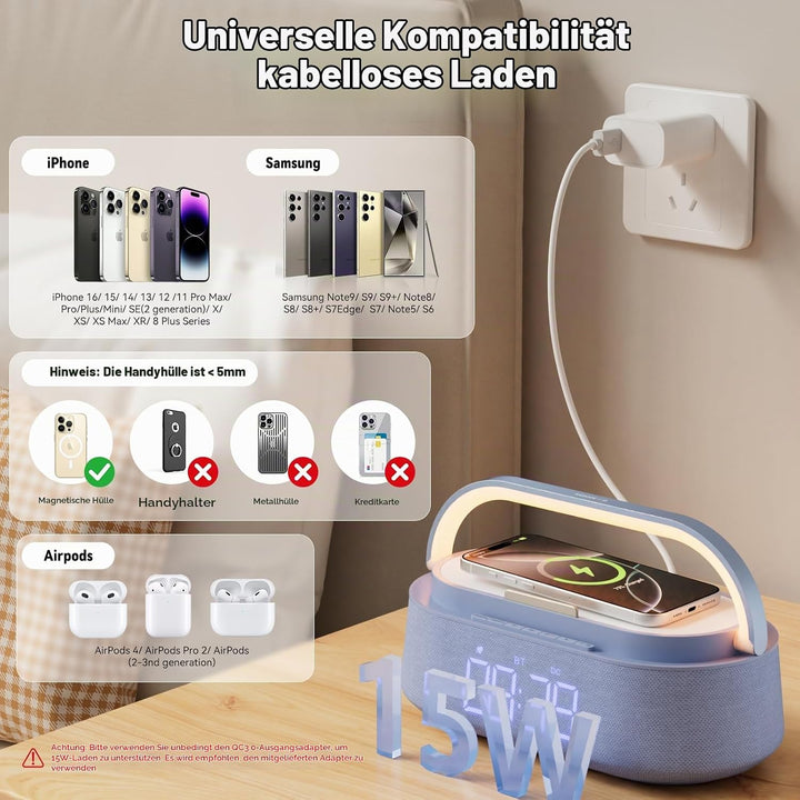 COLSUR Radiowecker Digital mit Wireless Charger, Bluetooth Lautsprecher Smart Wecker Schlummerfunkti