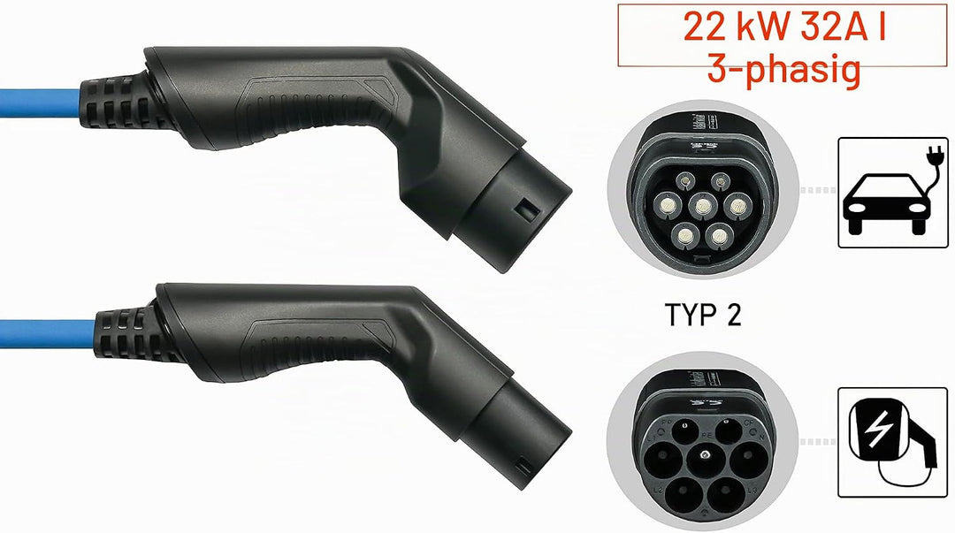 Kabelmeister Typ 2 Ladekabel | 5m - blau | 22 kW - für Elektro- und Hybridfahrzeuge - 32A | 3-Phasig