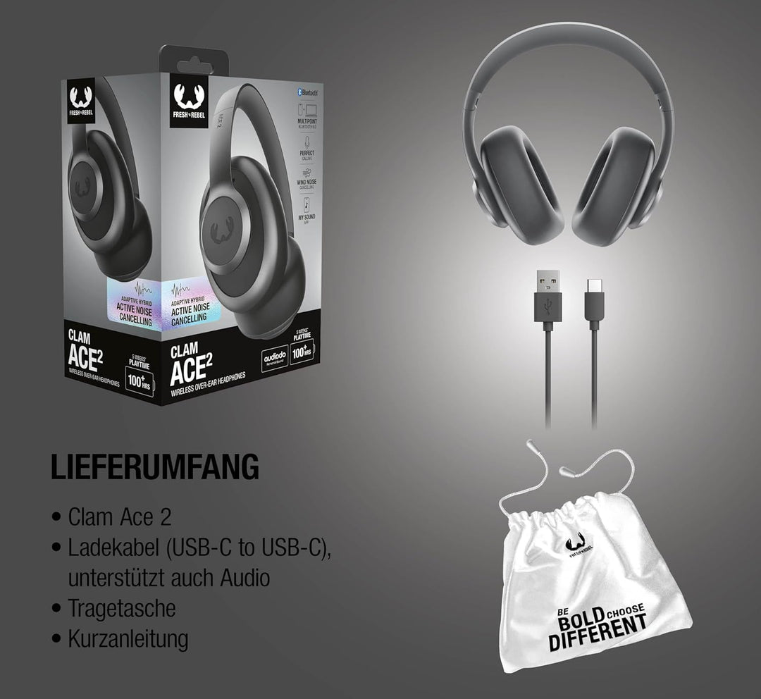 Fresh 'n Rebel Clam Ace 2, ANC-Kopfhörer, Hybrid Active Noise Cancelling, Ambient-Sound-Modus, Multi