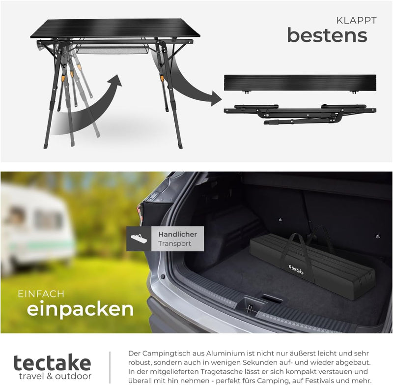 tectake® Campingtisch, Klapptisch aus Aluminium, Campingtisch faltbar, Reisetisch, Gartentisch klapp