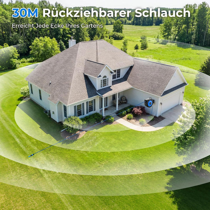 Himimi Ausziehbare Wand-Schlauchtrommel 30 m + 2 m 1/2 Zoll, automatischer Gartenschlauch mit langsa
