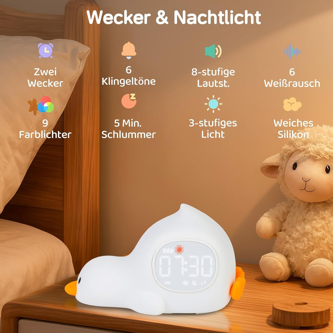 Yiliaw Liegende Ente Kinderwecker mit Nachtlicht – Schlaftrainer &amp; Aufwachuhr, wiederaufladbare Sili