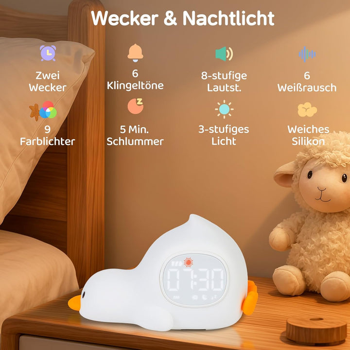 Yiliaw Liegende Ente Kinderwecker mit Nachtlicht – Schlaftrainer &amp; Aufwachuhr, wiederaufladbare Sili