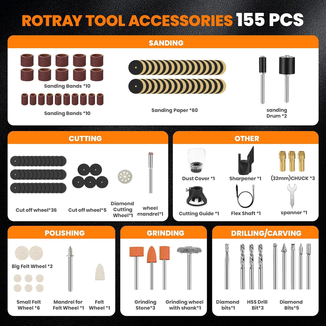 200W Corded Rotary Tool Kit with Fine Speed Control & Flex Shaft 8000-40000 RPM Digital Display, 155