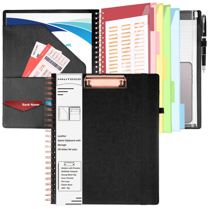 HAUTOCO PU-Leder Klemmbrett Folio mit Zip Beutel, Klemmbrettmappe A4 mit nachfüllbarem Notizblock, K