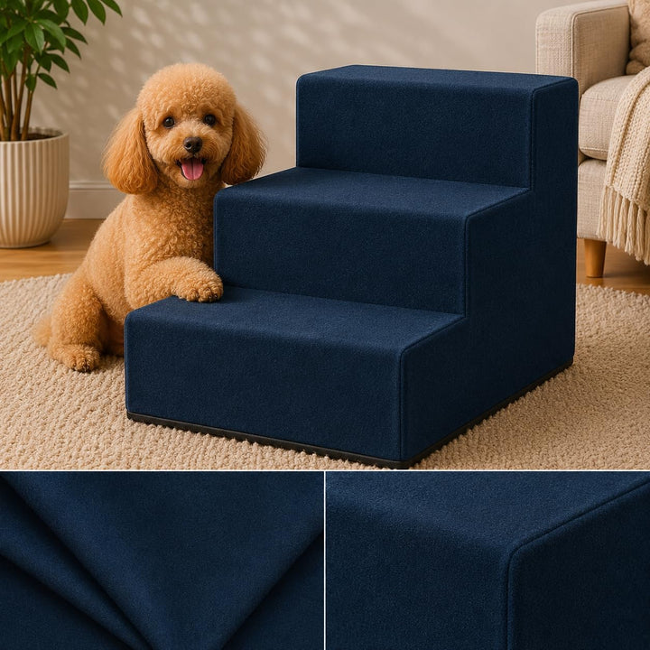 Muralo Hundetreppe 3 Stufen für Kleine Hunde, Katzen, Velvet - Dunkelblau | Haustiertreppe 30 cm, ru