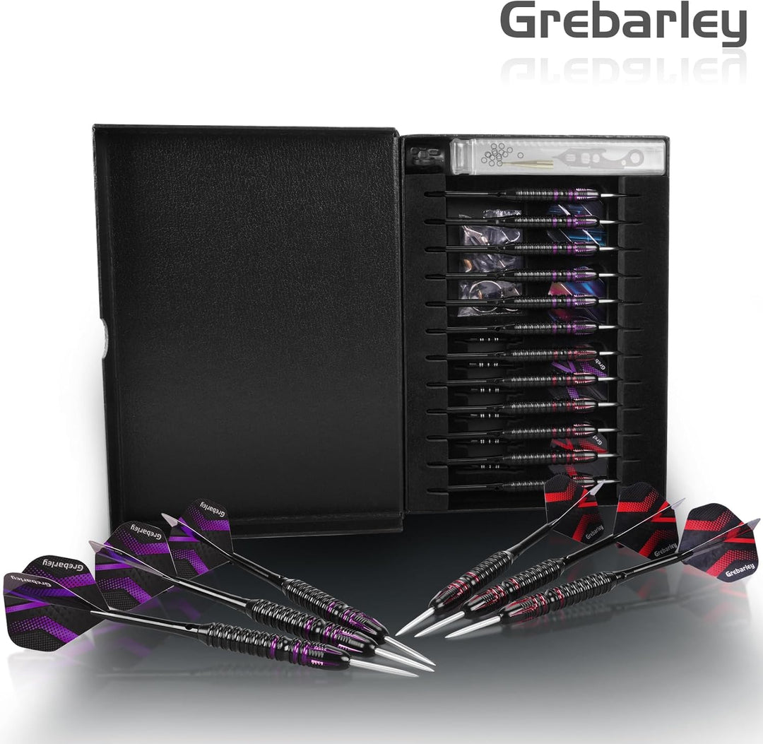 Grebarley Dartpfeile mit Metallspitze,12 Stück Profi Steeldarts 18 Aluminium Schaft mit 9 Flights 20