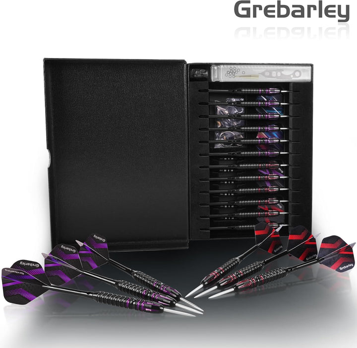 Grebarley Dartpfeile mit Metallspitze,12 Stück Profi Steeldarts 18 Aluminium Schaft mit 9 Flights 20