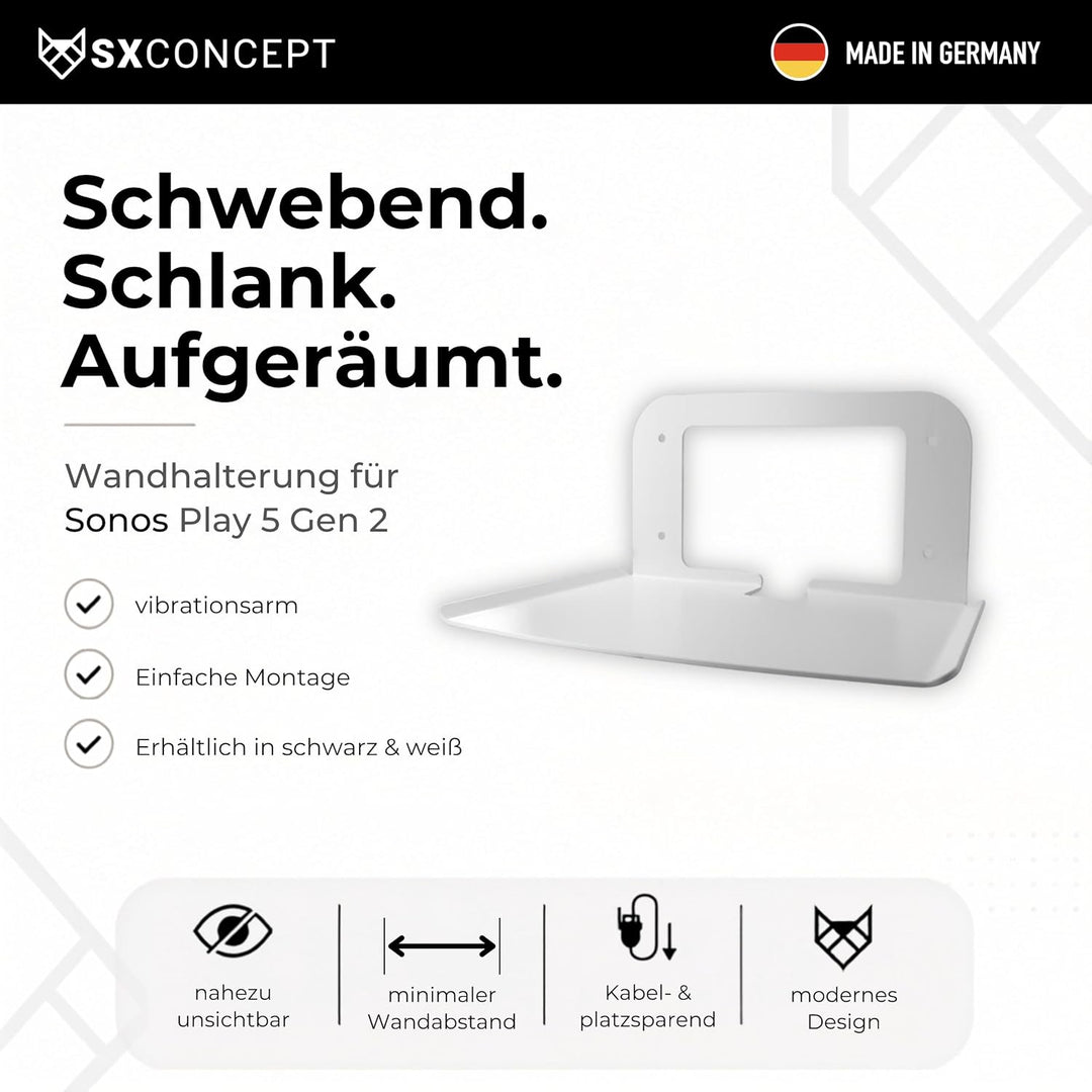 SX-Concept Wandhalterung für Sonos Play 5 Generation 2 weiss | minimalistisch Design | Kleiner Wanda