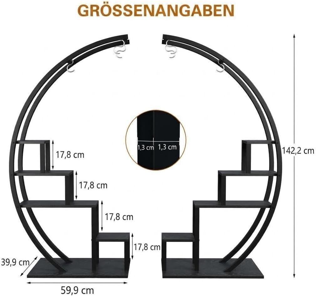 Pflanzenständer Metall 2er-Set, 5 Ebenen Blumenregal Halbmond, Hohe Blumentreppe Indoor, Pflanzenreg