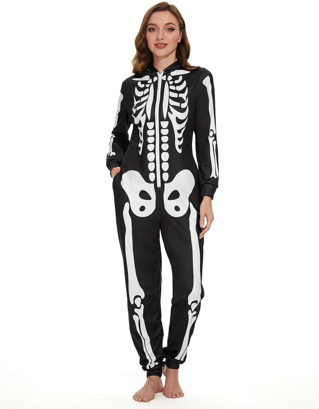 Ulikey Halloween Skelett Kostüm Damen, Halloween Skelett Onesie Overall Pyjama Erwachsene Damen Hall