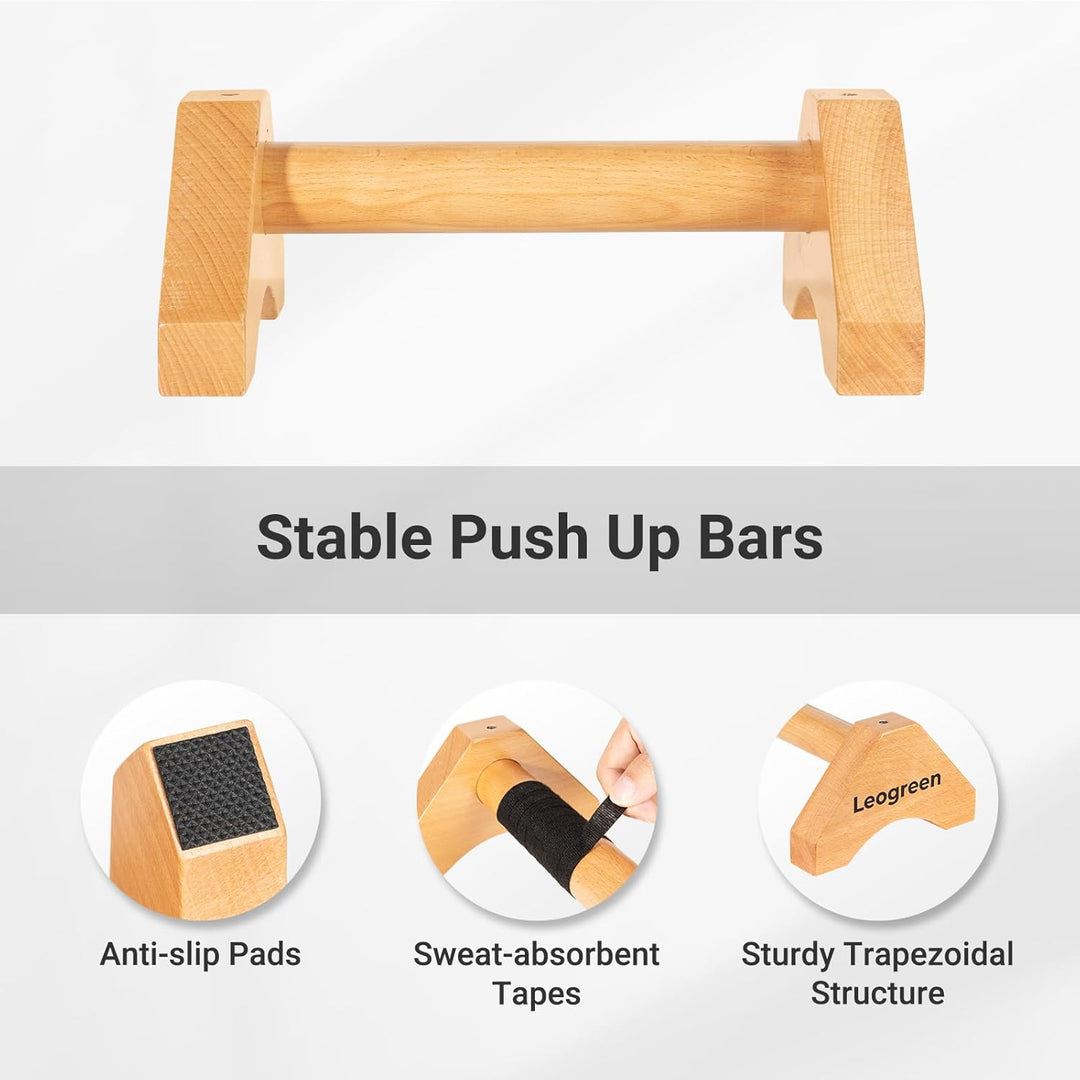 Leogreen Holz Liegestützgriffe, 2 Calisthenics Parallettes mit Antirutschmatte, Antirutschgurten und