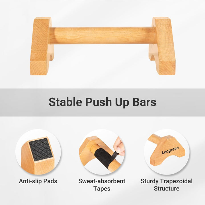 Leogreen Holz Liegestützgriffe, 2 Calisthenics Parallettes mit Antirutschmatte, Antirutschgurten und
