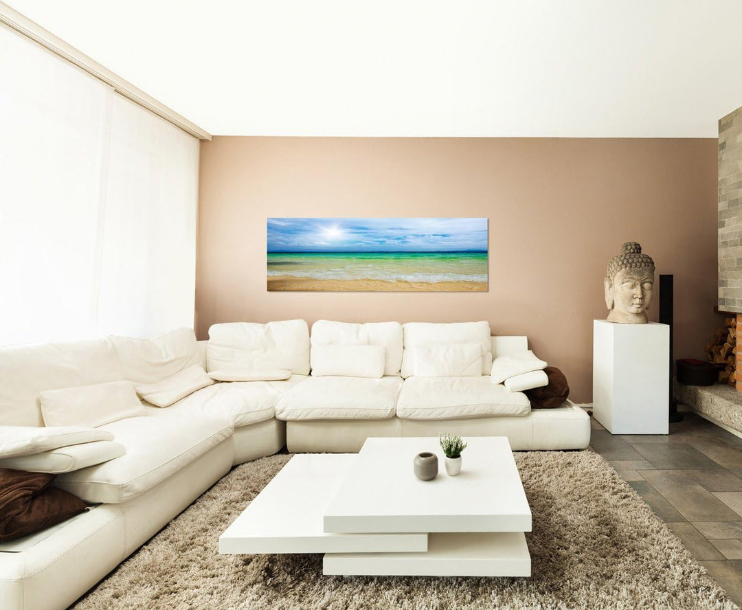 Paul Sinus Art Panoramabild auf Leinwand und Keilrahmen 150x50cm Strand Meer Wolkenschleier Sonne