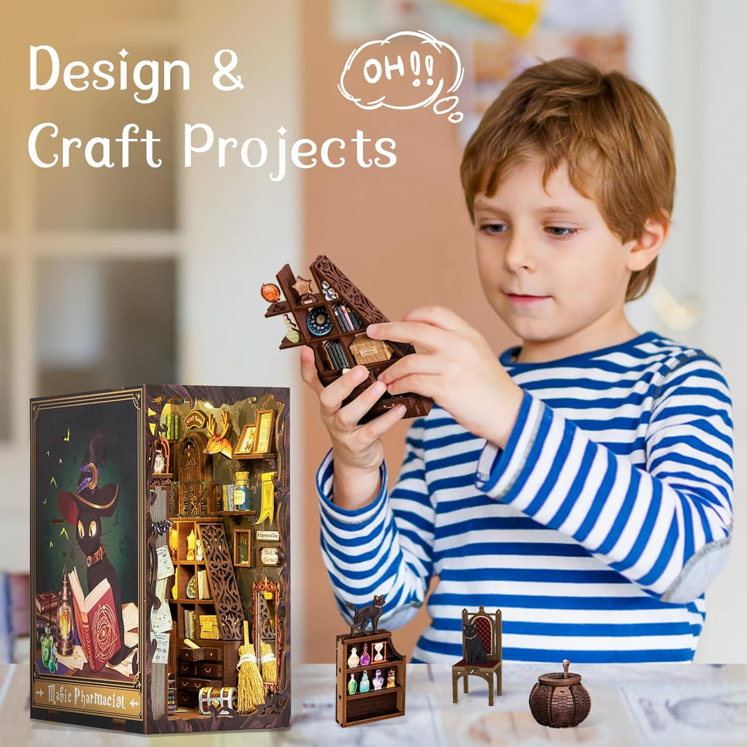 Fsolis Book Nook DIY,Puppenhaus Miniatur Haus Kit mit Holz Möbeln und LED-Licht,Bücherecke Bücherreg