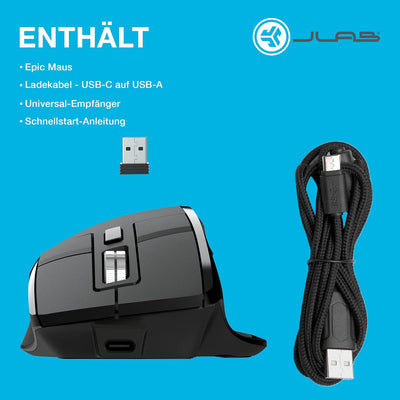 JLab Epic Wireless Mouse - Verbindung über Bluetooth oder USB-Empfänger, ergonomische Bluetooth-Maus