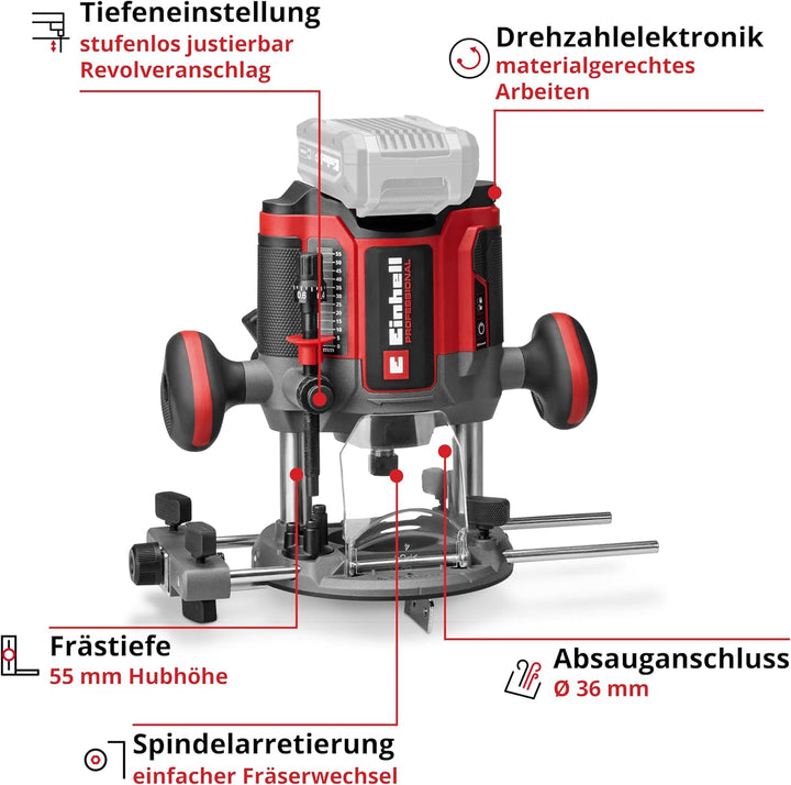 Einhell Professional Akku-Oberfräse TP-RO 18/55 Li BL - Solo Power X-Change (18 V, Hubhöhe 55 mm, Br