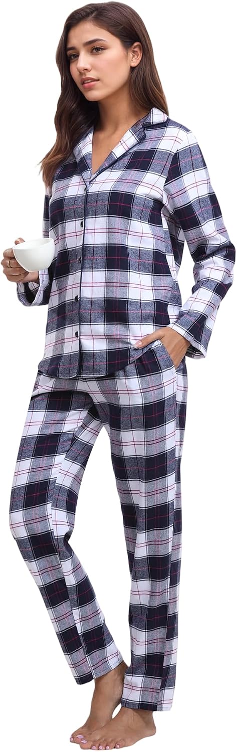 Mnemo Home Damen Schlafanzug Lang Flanell Pyjama Damen 100% Baumwolle aus Flanell Blau &amp; Weiss S, Bl