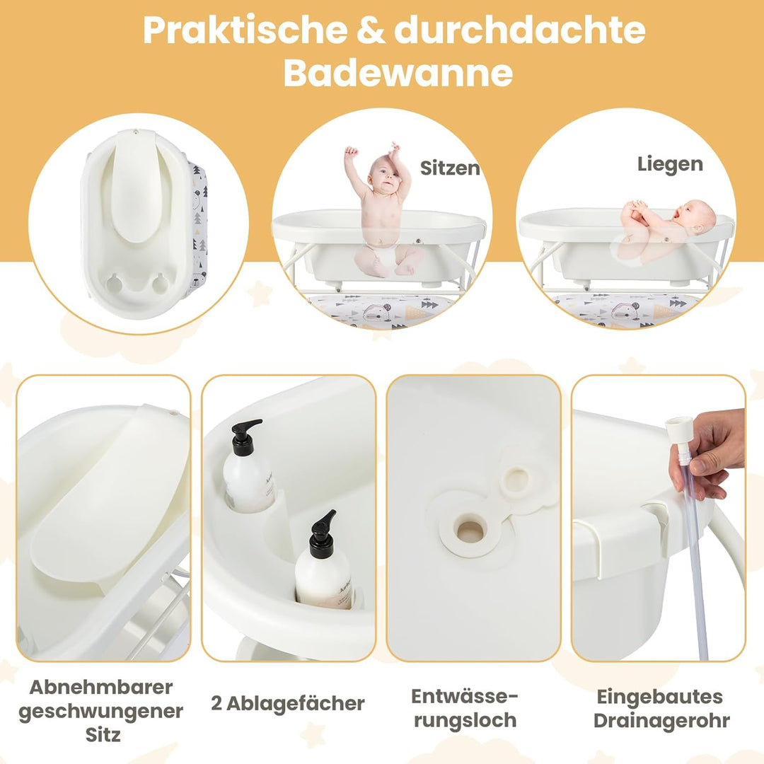 COSTWAY 4 in 1 Wickeltisch klappbar mit Badewanne, tragbare Wickelkommode mit Wickelauflage, mobile