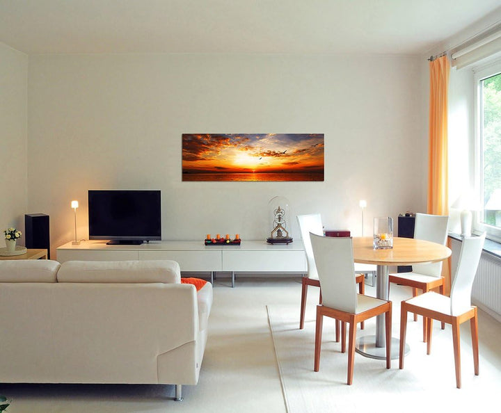 Paul Sinus Art Panoramabild auf Leinwand und Keilrahmen 150x50cm Meer Strand Sonnenuntergang Wolkens