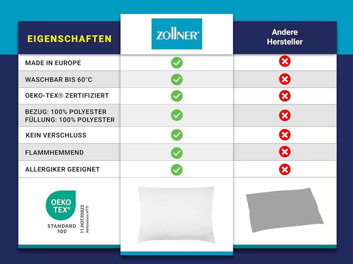 ZOLLNER schwer entflammbares Kopfkissen in 50x80 cm- Polyester - Made in Europe - waschbar bis 60°C