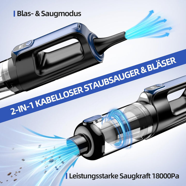 Handstaubsauger, 2-in-1 Akku Staubsauger und Luftgebläse, kabellos 18000Pa mit LED Licht, 130W Motor