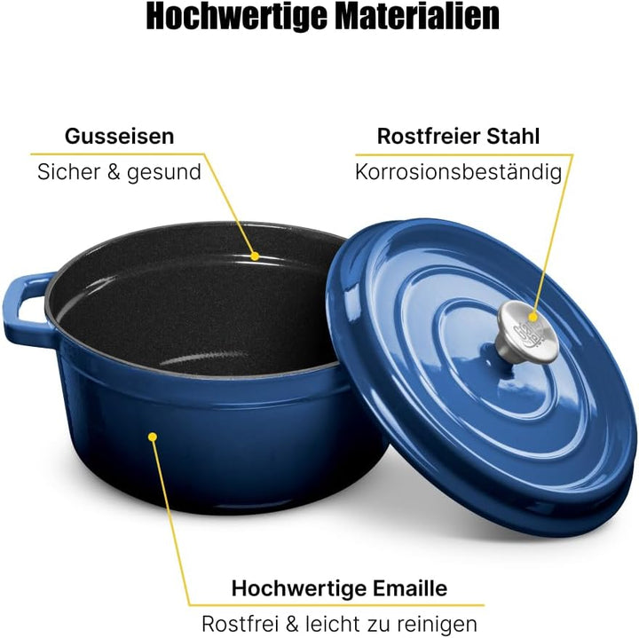 Schmortopf Gusseisen Topf - Emaillierter Gusseisentopf mit Deckel und breite Griffe für Küche Backen