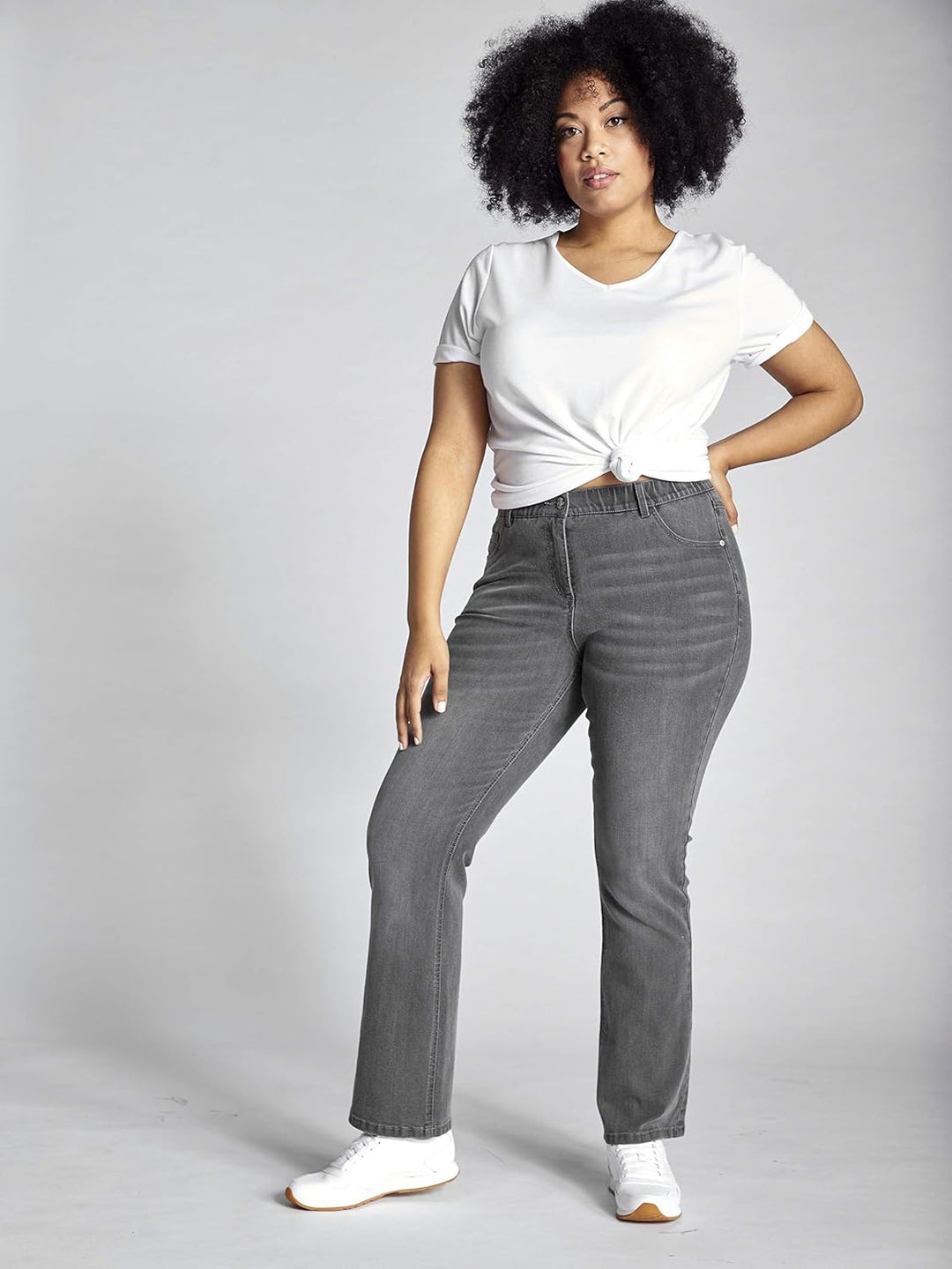 Ulla Popken Damen Bootcut Jeans 40W / 32L Hellgrau Denim, 40W / 32L Hellgrau Denim