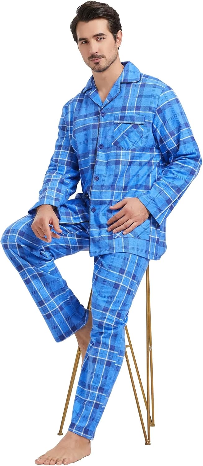 Amaxer Flanell Schlafanzug Herren 100% Baumwolle Pyjama mit Knopfleiste Set Lang Warmer Winter Schla